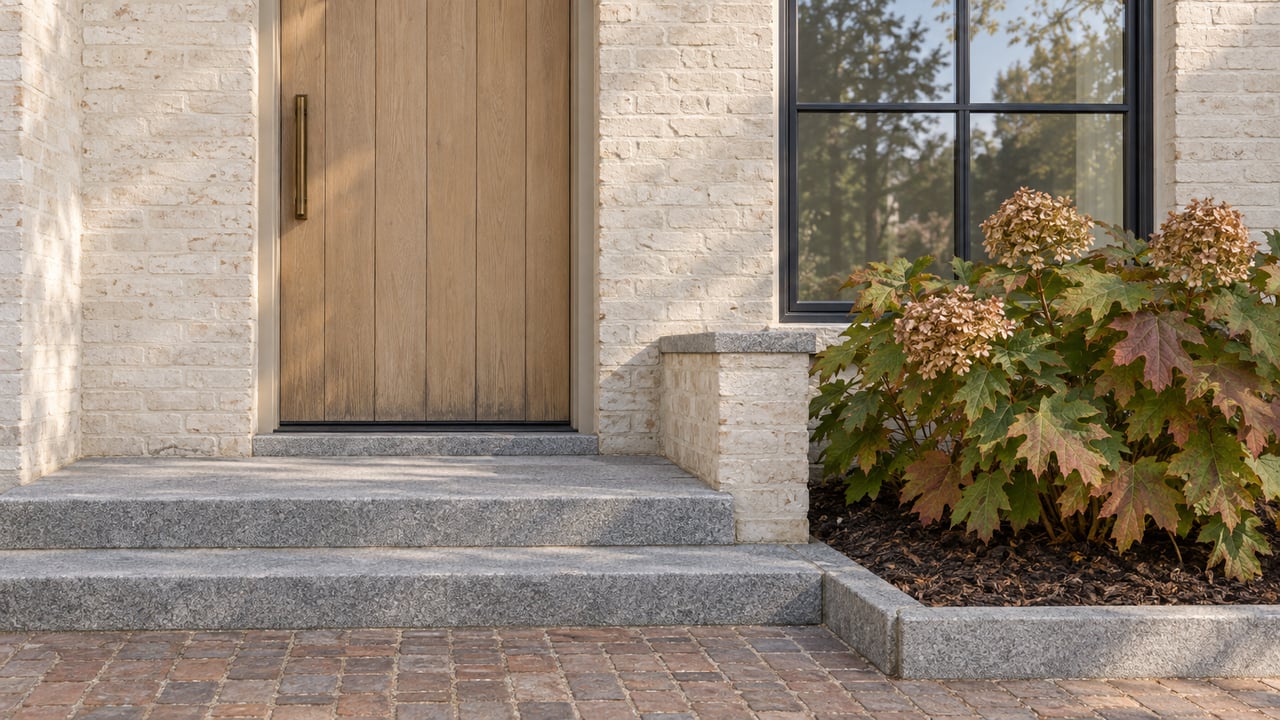 Sunlit townhome entry with an oak door, steel-framed window, granite steps and an oakleaf hydrangea.