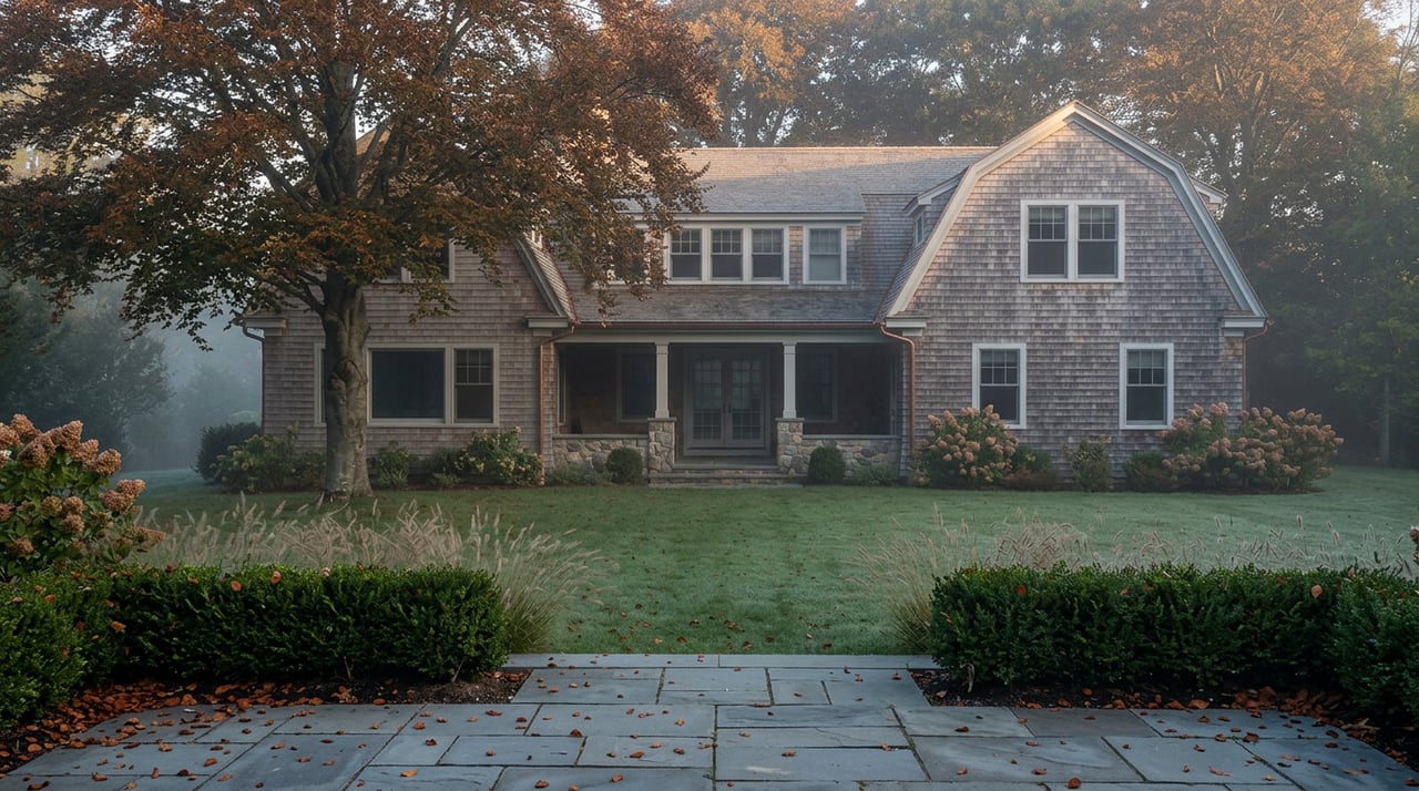 Silver-grey shingle-style home beyond a bluestone terrace, with bronze beech foliage and misty early-autumn gardens.