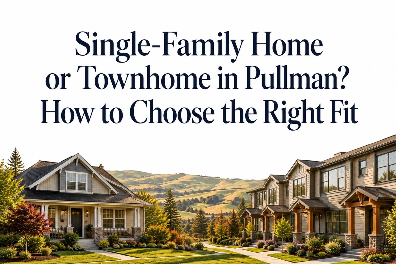 Minimalist editorial-style graphic comparing detached homes and townhomes in Pullman with a clean neighborhood streetscape and rolling Palouse hills.