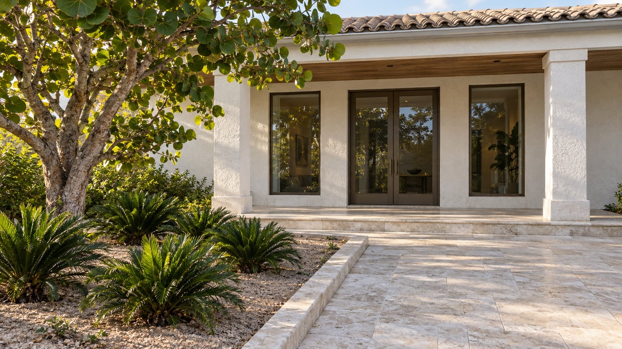 Stucco veranda with bronze-framed windows, limestone steps, and tropical plants beside a stone approach.