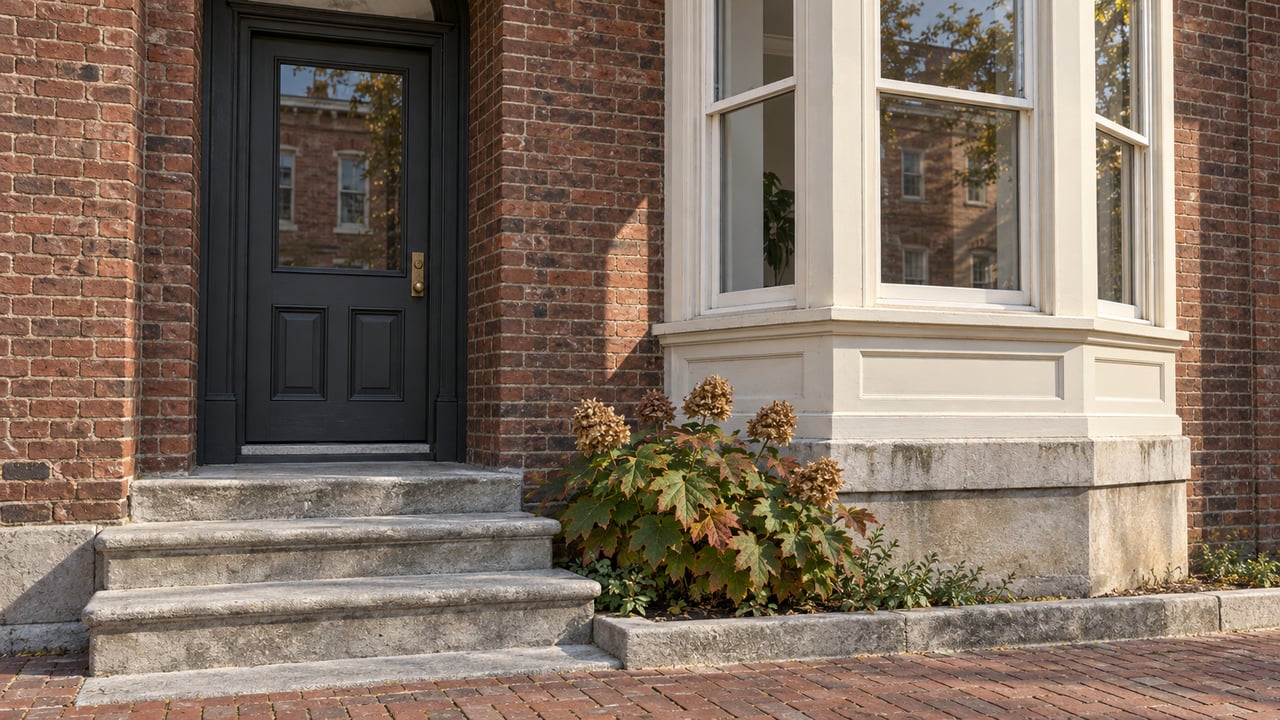 Morning light on a brown-red brick home’s charcoal entry door, limestone steps, and ivory-painted bay window beside an oakleaf hydrangea.