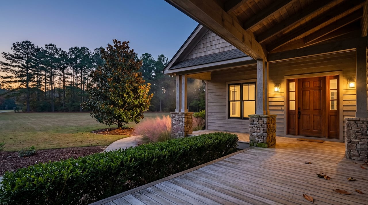 Craftsman-style porch with warm sconces, stone piers, and a wood door overlooking a lawn and pine-lined horizon.