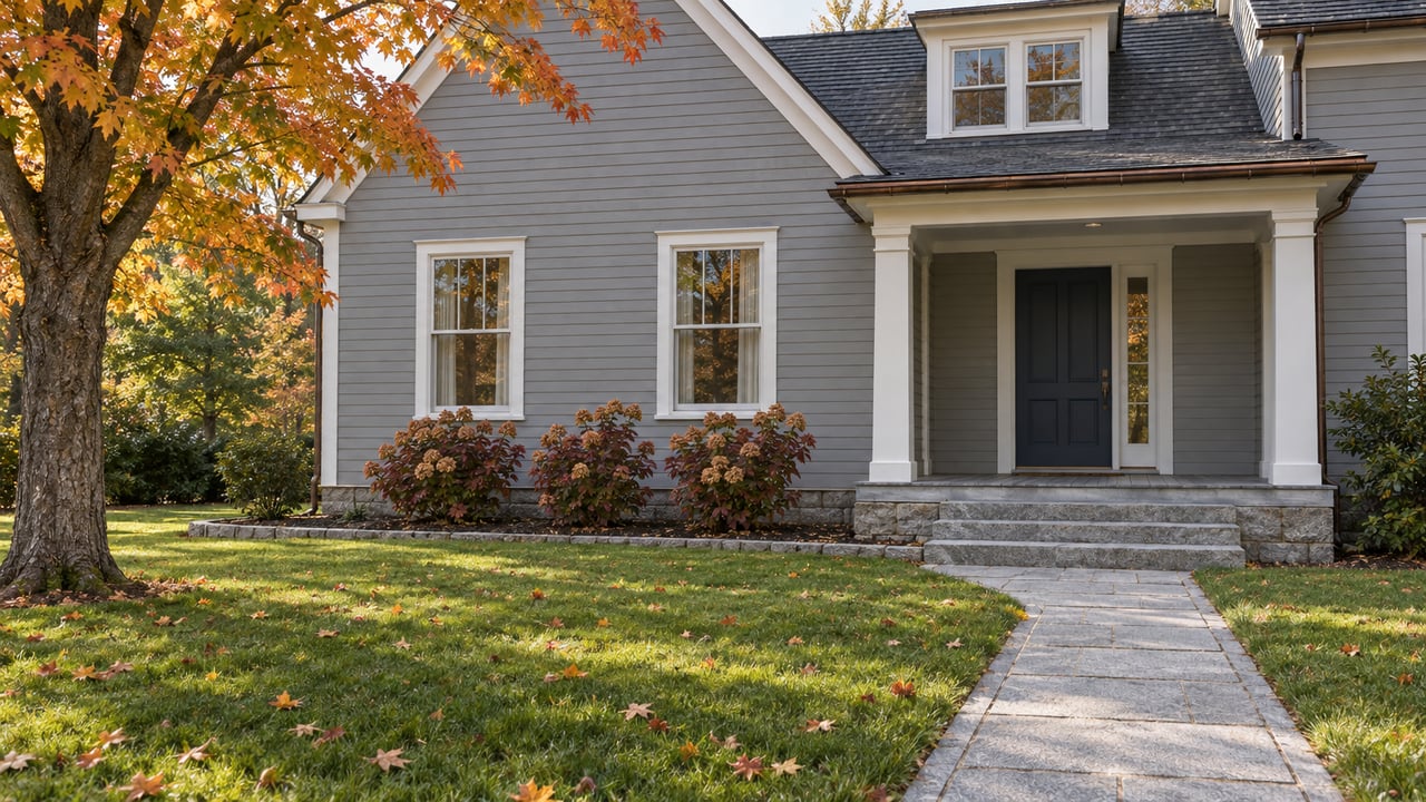 Gray clapboard home with a granite approach, covered porch and orange autumn maple above a deep front lawn.