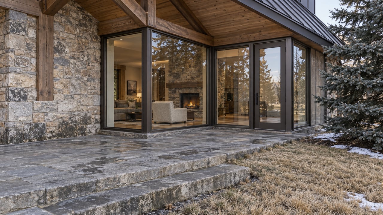 Timber-and-stone home with bronze-framed glazing, a weathered stone terrace and small patches of melting snow beside a spruce.