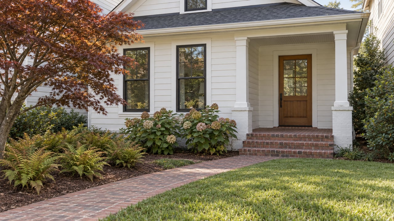 White-painted gabled home with an oak front door, brick porch and path, and a small planted front garden.