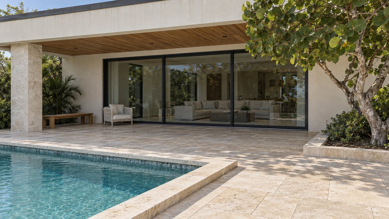 Sunlit limestone pool terrace beside a white stucco home with wood soffits, dark-framed glass doors and a sculptural sea grape tree.
