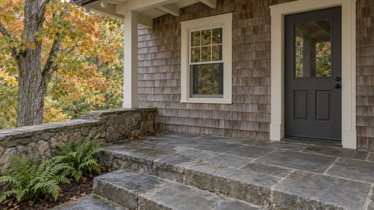 Weathered cedar-shingle entry with a closed charcoal door, cream-trimmed window, bluestone steps, and autumn maple beside a fieldstone wall.