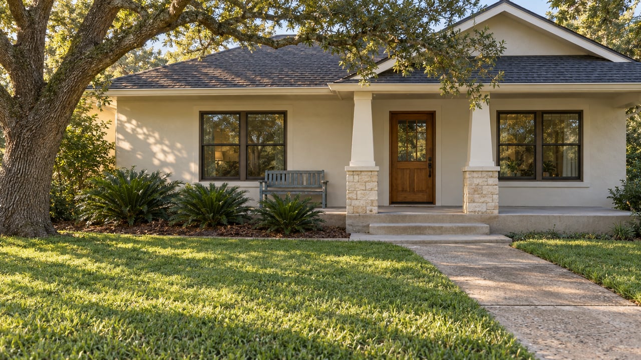 An ivory gabled home with a covered porch, stone column bases and a deep green lawn beneath a spreading oak.