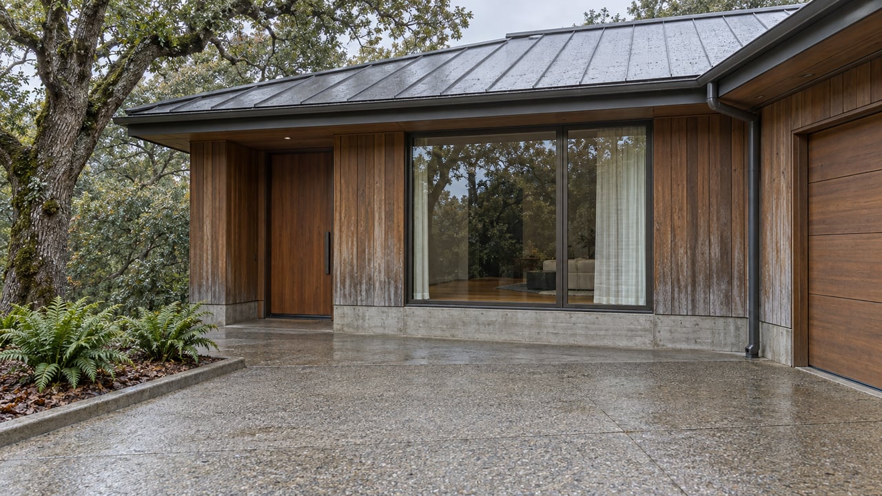 Rain-darkened redwood home with a recessed entry, bronze-framed window and concrete approach beside a mature live oak and sword ferns.