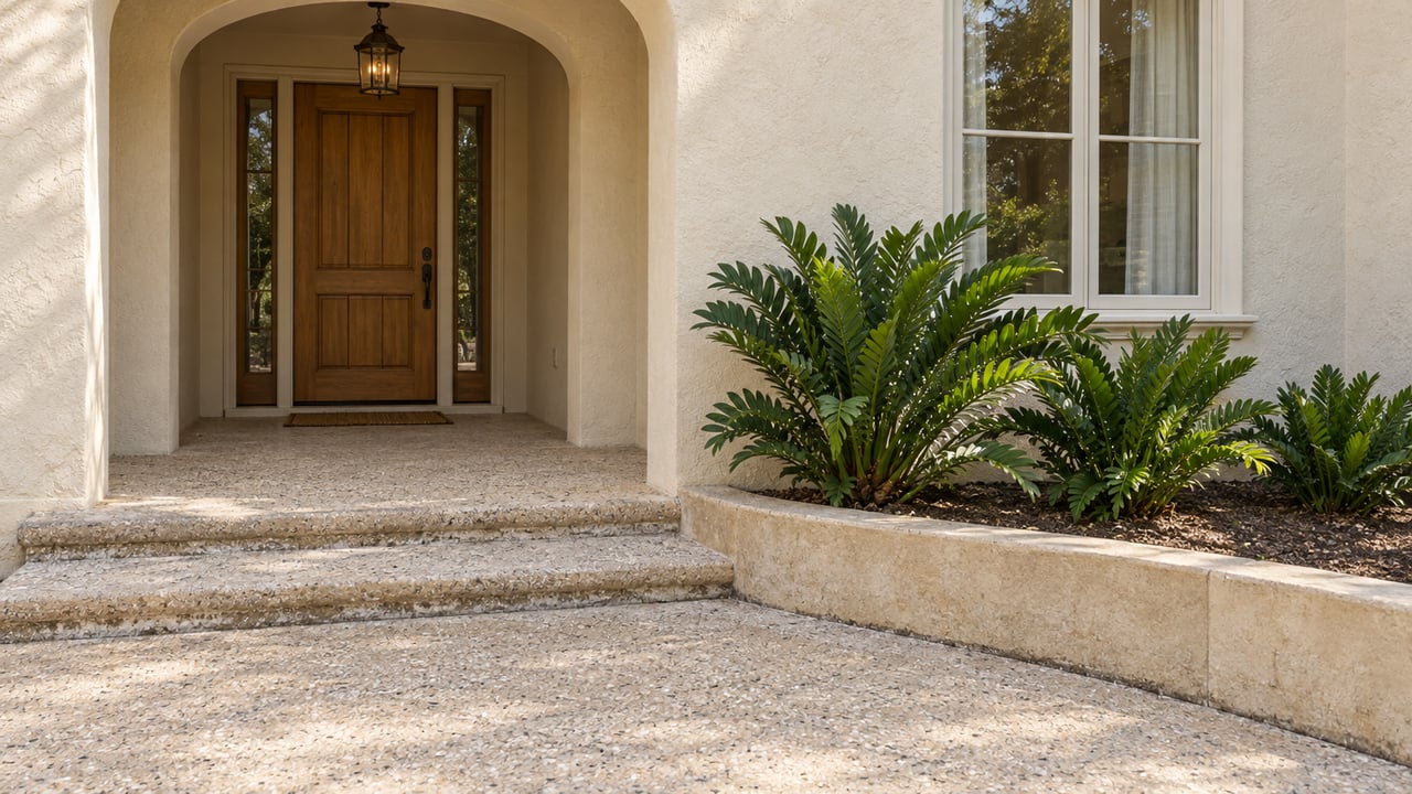 Ivory stucco home entrance with an arched porch, timber door, shell-aggregate steps and three coontie plants in a raised masonry bed.