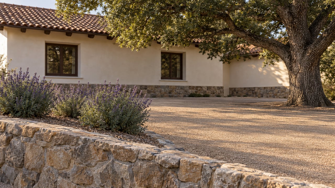 Sandstone retaining wall borders a granite approach to a cream stucco house beneath a mature oak.