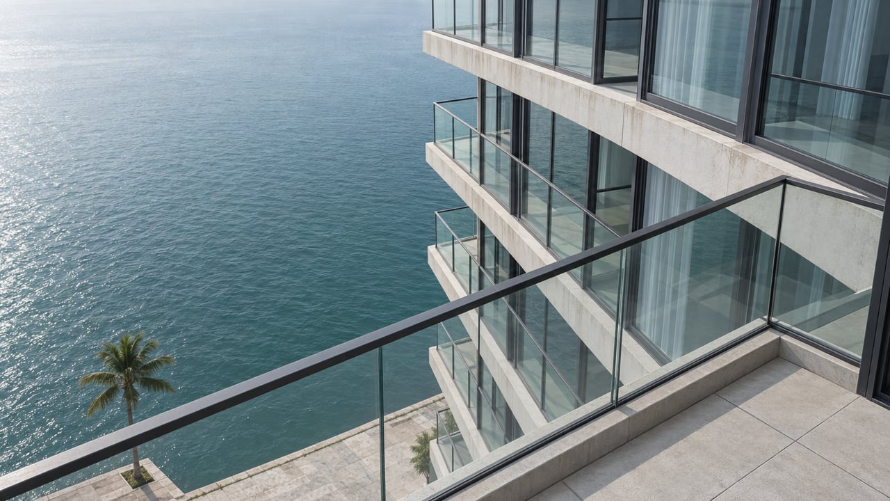 Residential tower balcony with glass railing overlooking teal bay water and a palm-lined waterfront.