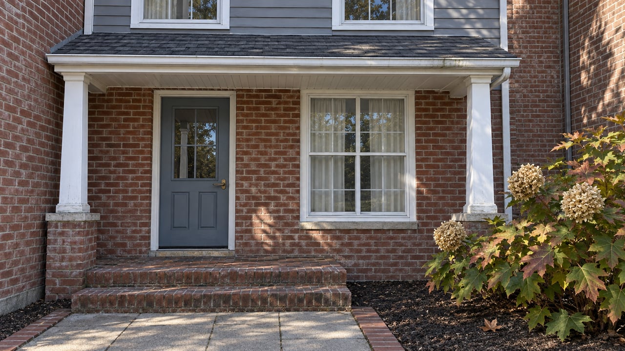 Brick townhouse entry beneath a small porch, with gray clapboard above, a blue-gray door, and an oakleaf hydrangea beside the paved approach.