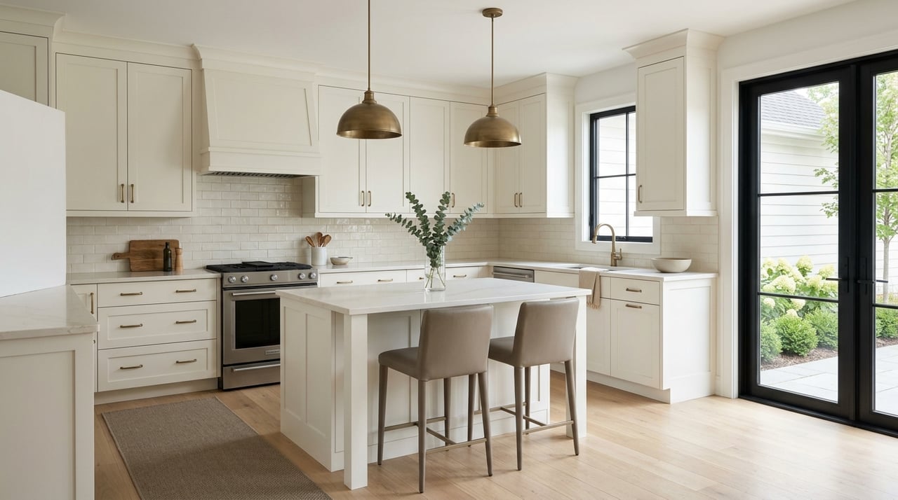 Market-ready kitchen with minimal props and a view of patio planting.