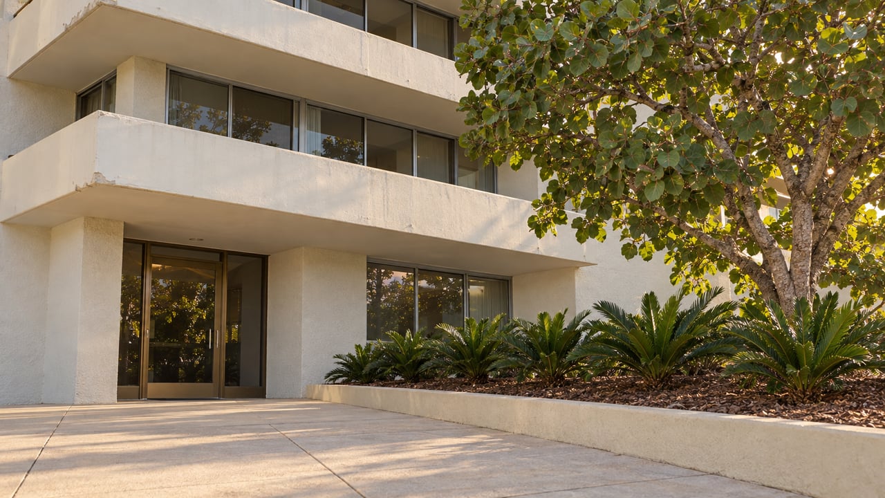 Cream concrete condominium balconies above a glazed entrance and pale paved approach, framed by a sculptural sea grape tree and coontie planting.