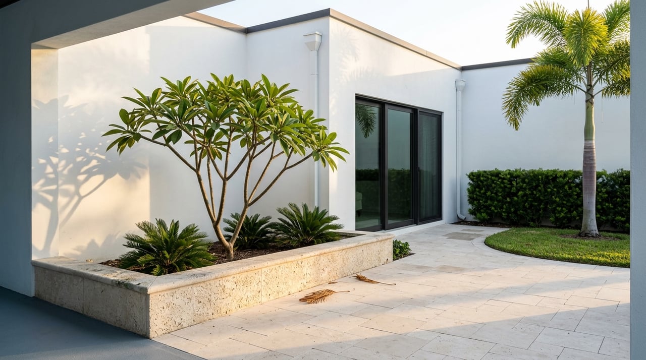 White-stucco courtyard with cream paving, raised planter, palms, and black-framed sliding glass doors.