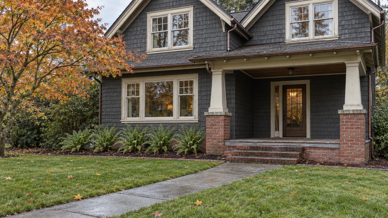 Cedar-shingle home with a sheltered timber porch, brick steps and a yellow-leaved vine maple beside a deep autumn lawn.
