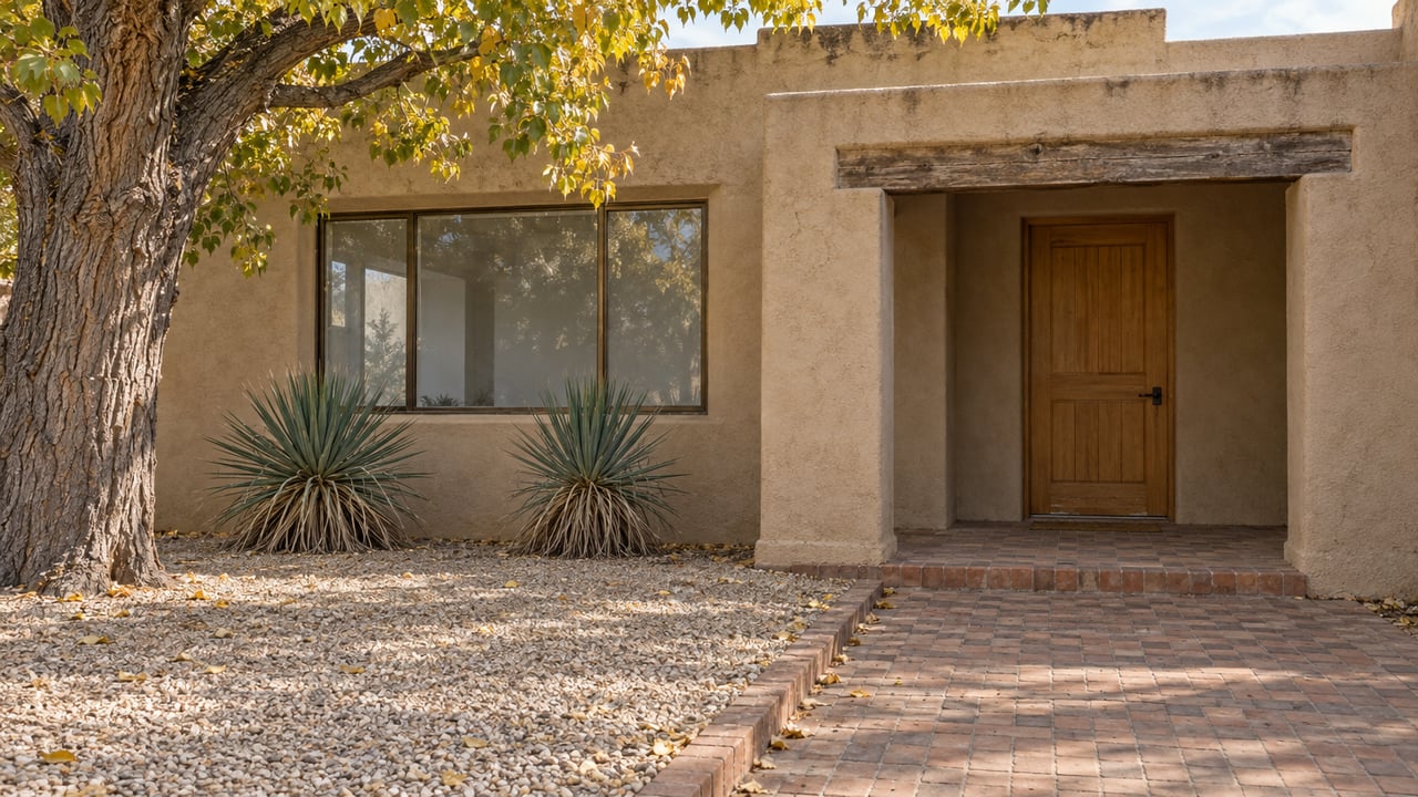 Sand-colored stucco home with a recessed wood entry, brick approach and yellowing cottonwood canopy.