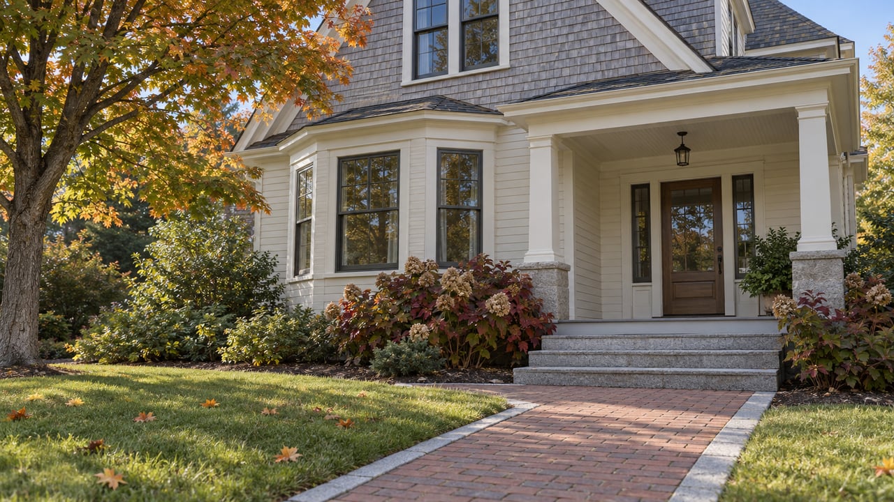 Autumn morning light on a shingled house with a covered porch, granite steps, brick walk, and mature maple.