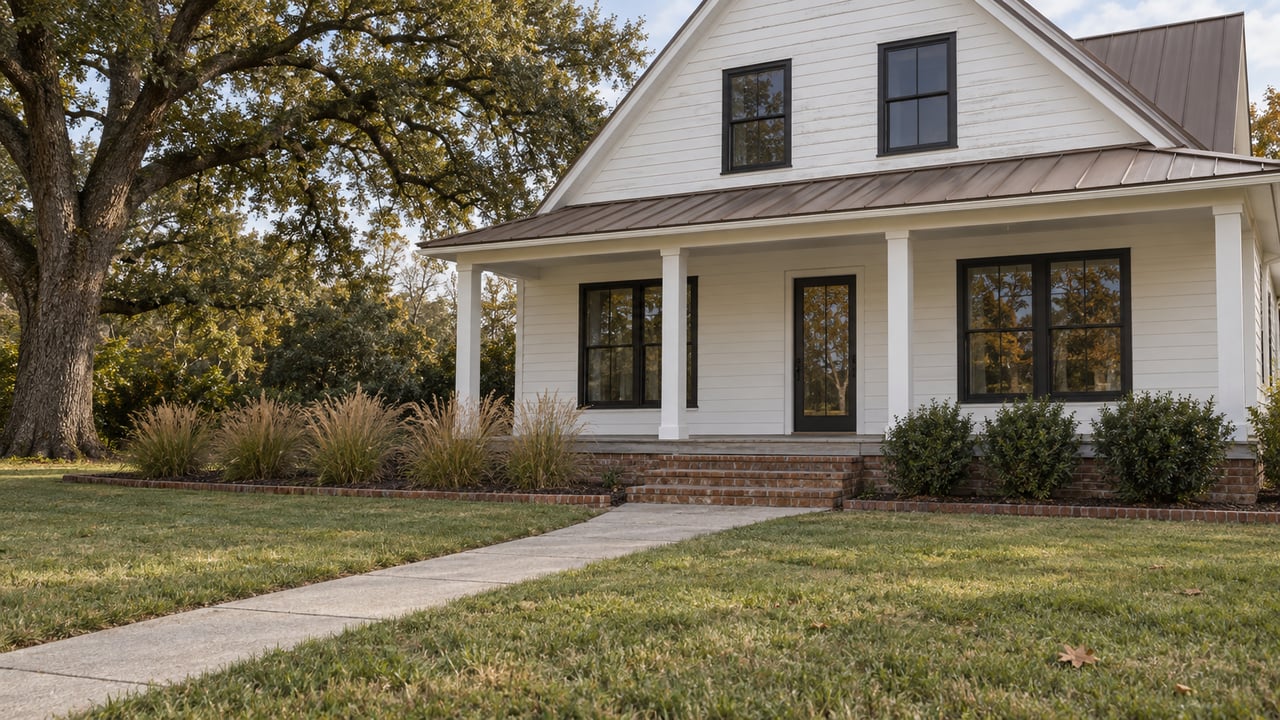 White-clapboard home with a bronze gabled roof, black-framed windows and deep front porch, seen across an autumn lawn beside a spreading live oak.