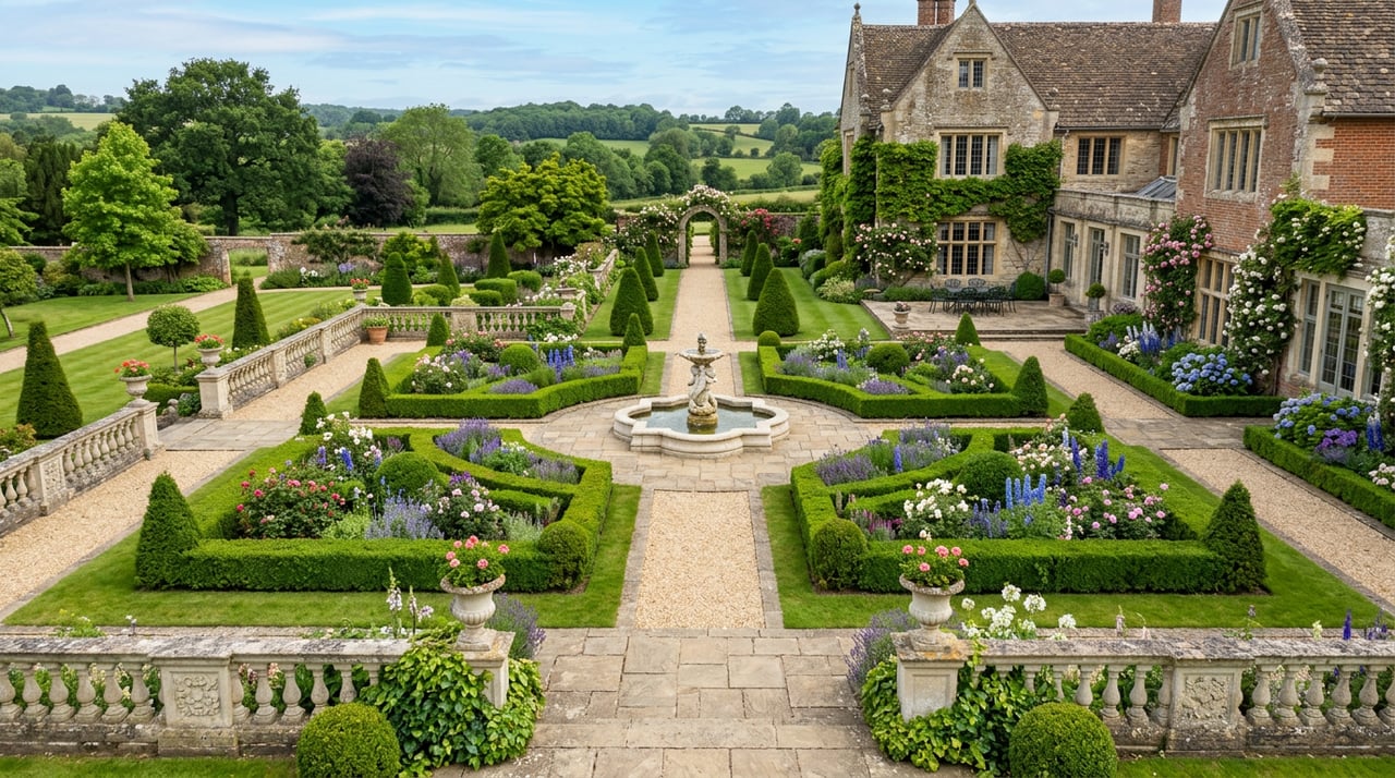 Three-tiered stone fountain anchors a clipped boxwood parterre before a white-brick estate facade.