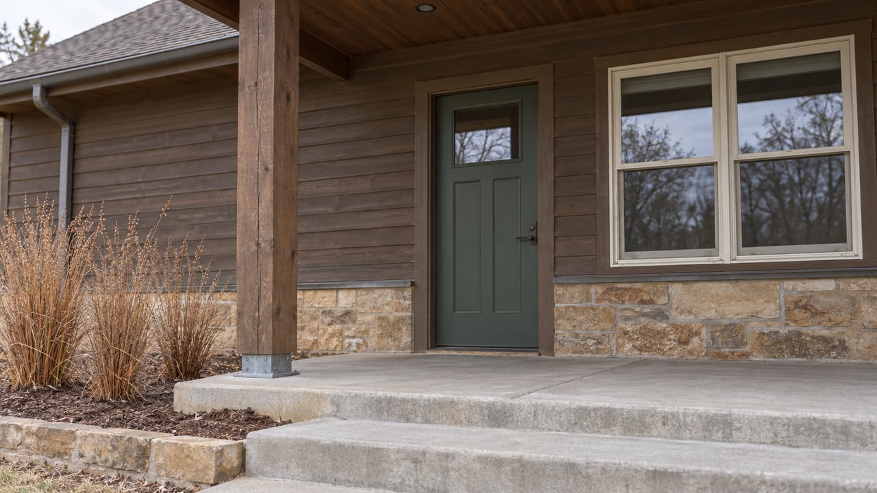 Covered entry of a modest wood-sided home with a green door, timber post, sandstone foundation and dormant copper-colored grasses.