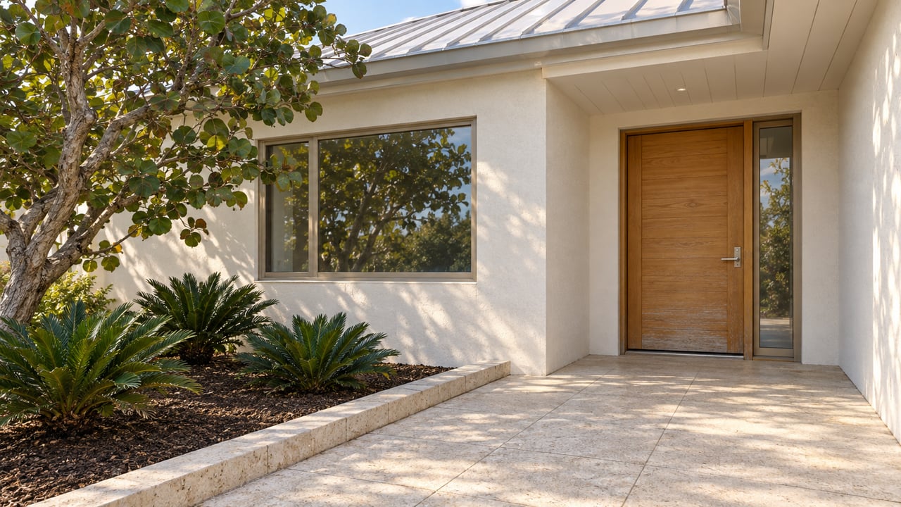 Sheltered entrance of a pale stucco home with a timber door, shell-aggregate terrace and sculptural sea grape tree.