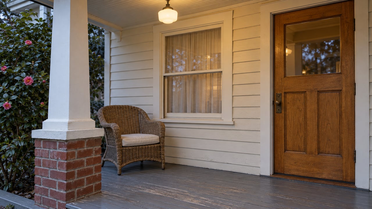An evening view of a historic bungalow porch with cream clapboards, an oak entry door, worn gray floorboards and a wicker chair.