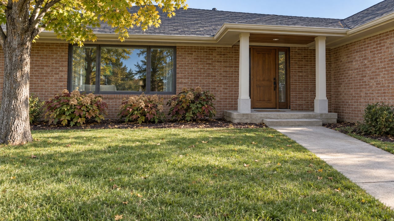 A brick ranch with charcoal roof, oak entry door and a broad autumn lawn beneath a mature maple.