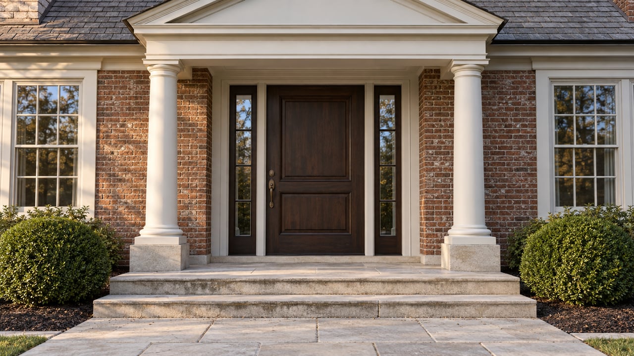 Detached brick house entrance with dark timber door, matching columns, limestone steps, and clipped boxwood.