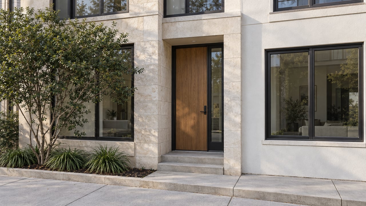 Two-story townhouse with a recessed oak door, limestone piers, dark-framed windows, and a small planted bed.