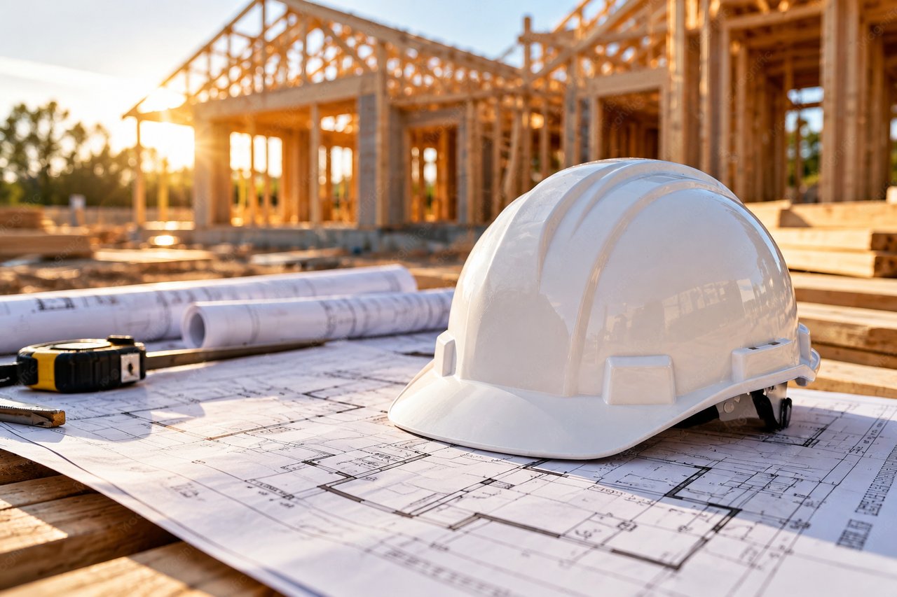 Hard hat and architectural plans in front of a timber-framed home under construction.