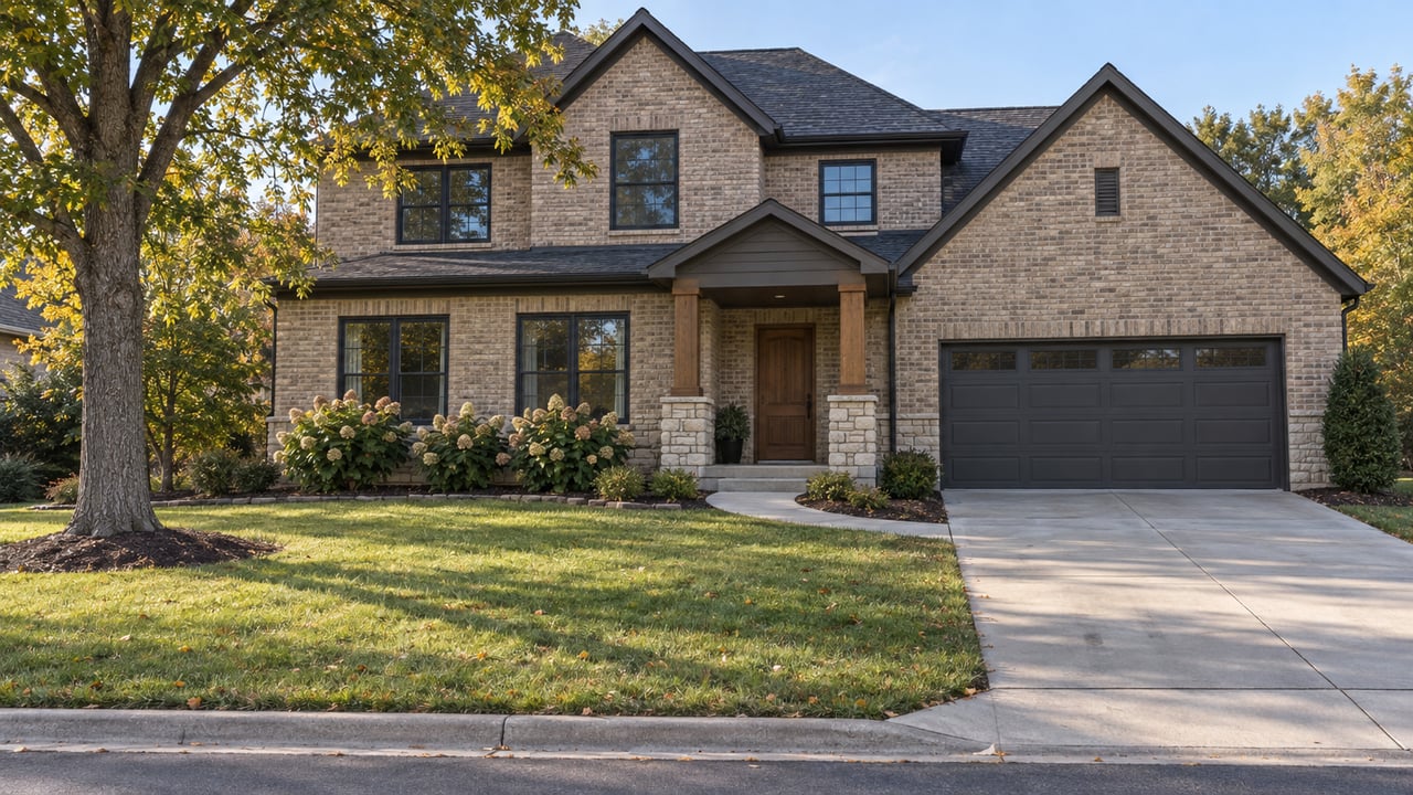 Two-story brick house with a covered entry, attached garage, and broad front lawn.