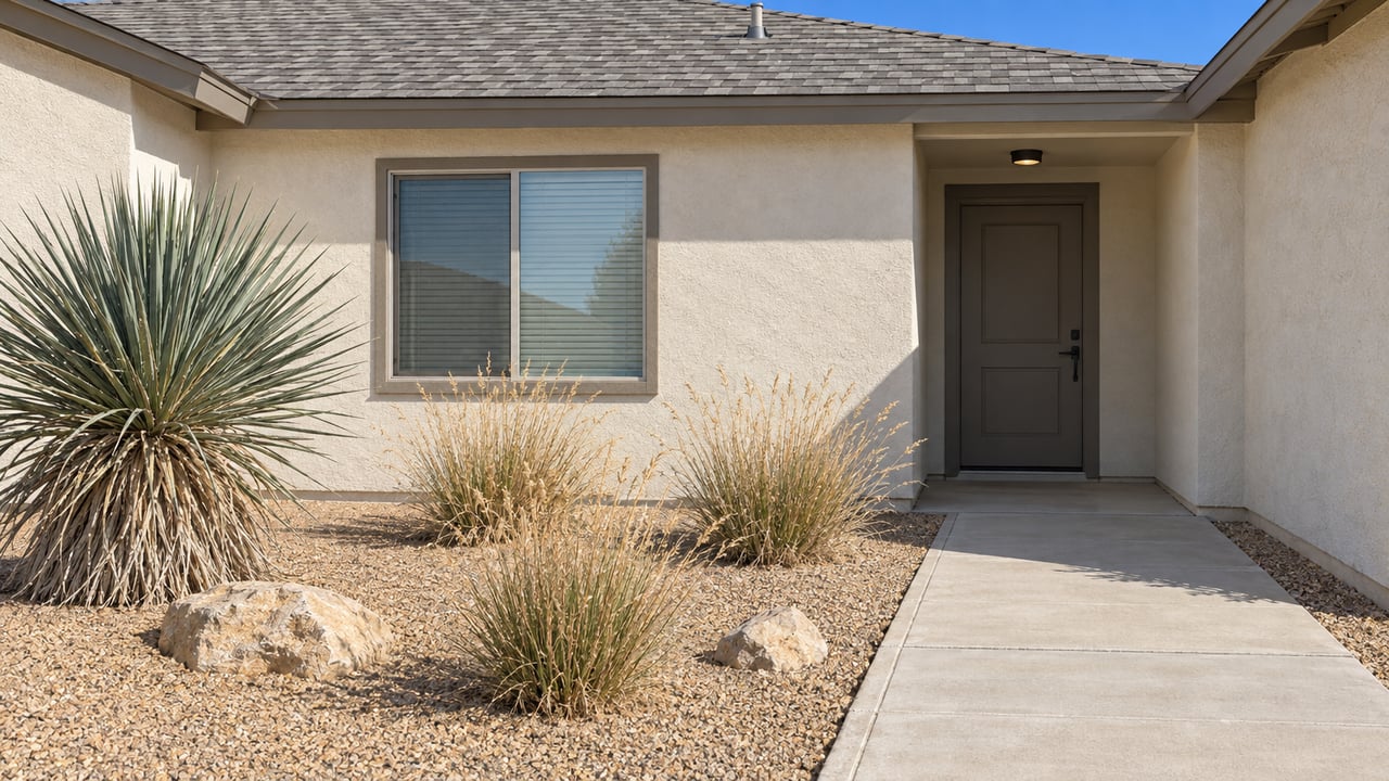 Cream stucco home with a recessed taupe entry, gray shingle roof, concrete walkway and a gravel garden planted with yucca and blue grama.