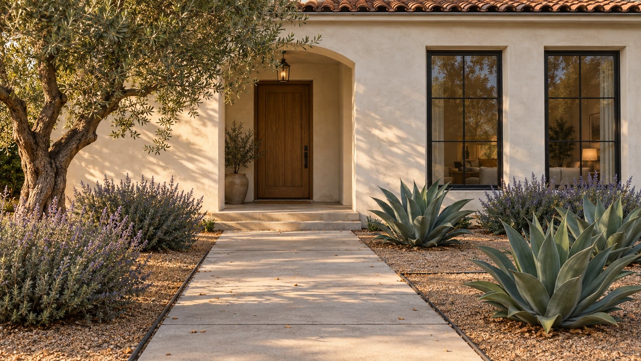 Cream-stucco home with an arched oak entry, tall windows, terracotta roof tiles, and planted garden beds.