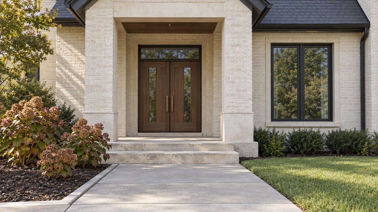 Cream-painted brick home with walnut double entry doors, pale stone porch steps and autumn oakleaf hydrangeas beside a broad concrete approach.