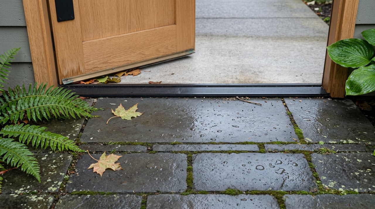 Rain-speckled bluestone pavers meet a black steel threshold beneath a white oak door, with fern fronds and fallen leaves.