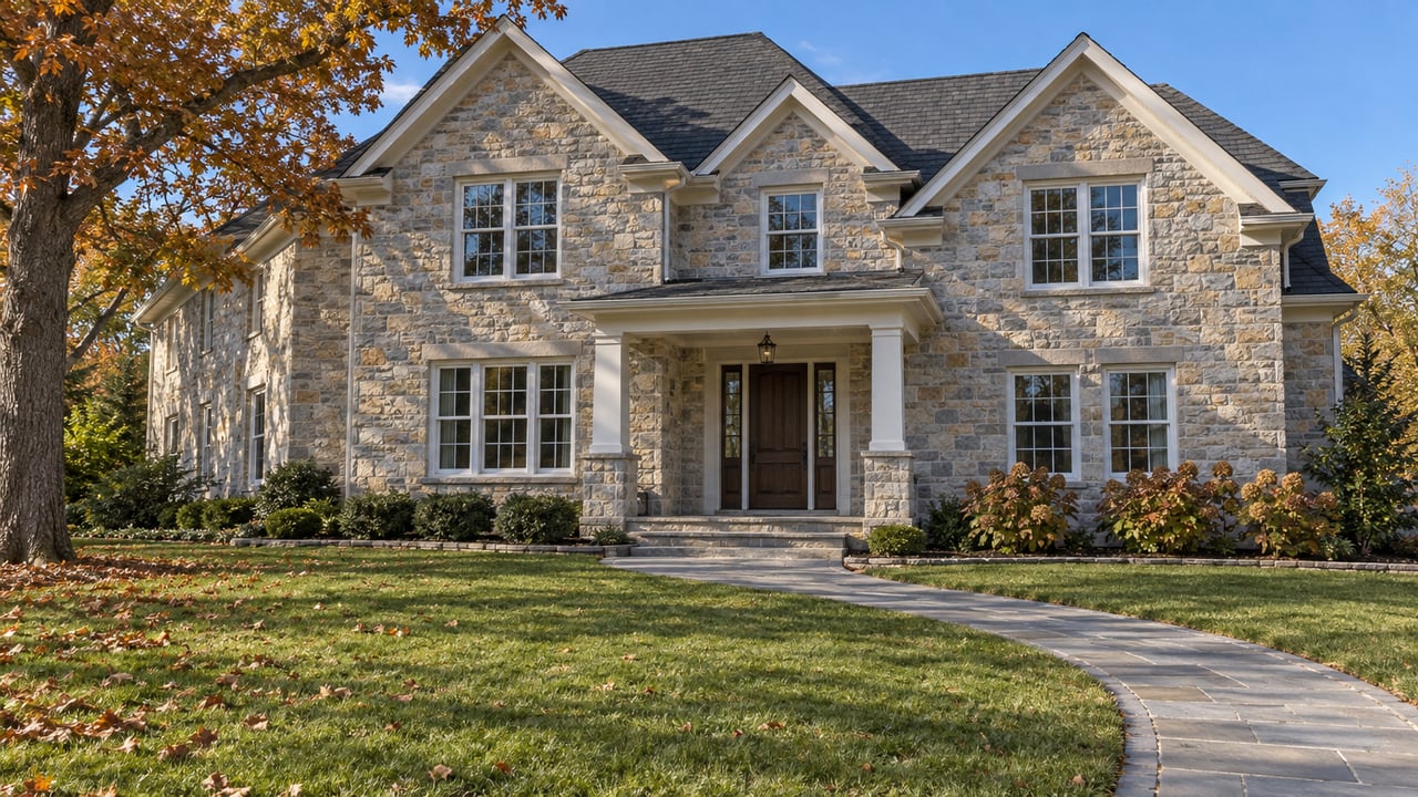 Stone-clad two-story home with charcoal gables, a white-columned entry, a deep autumn lawn, and a mature oak.