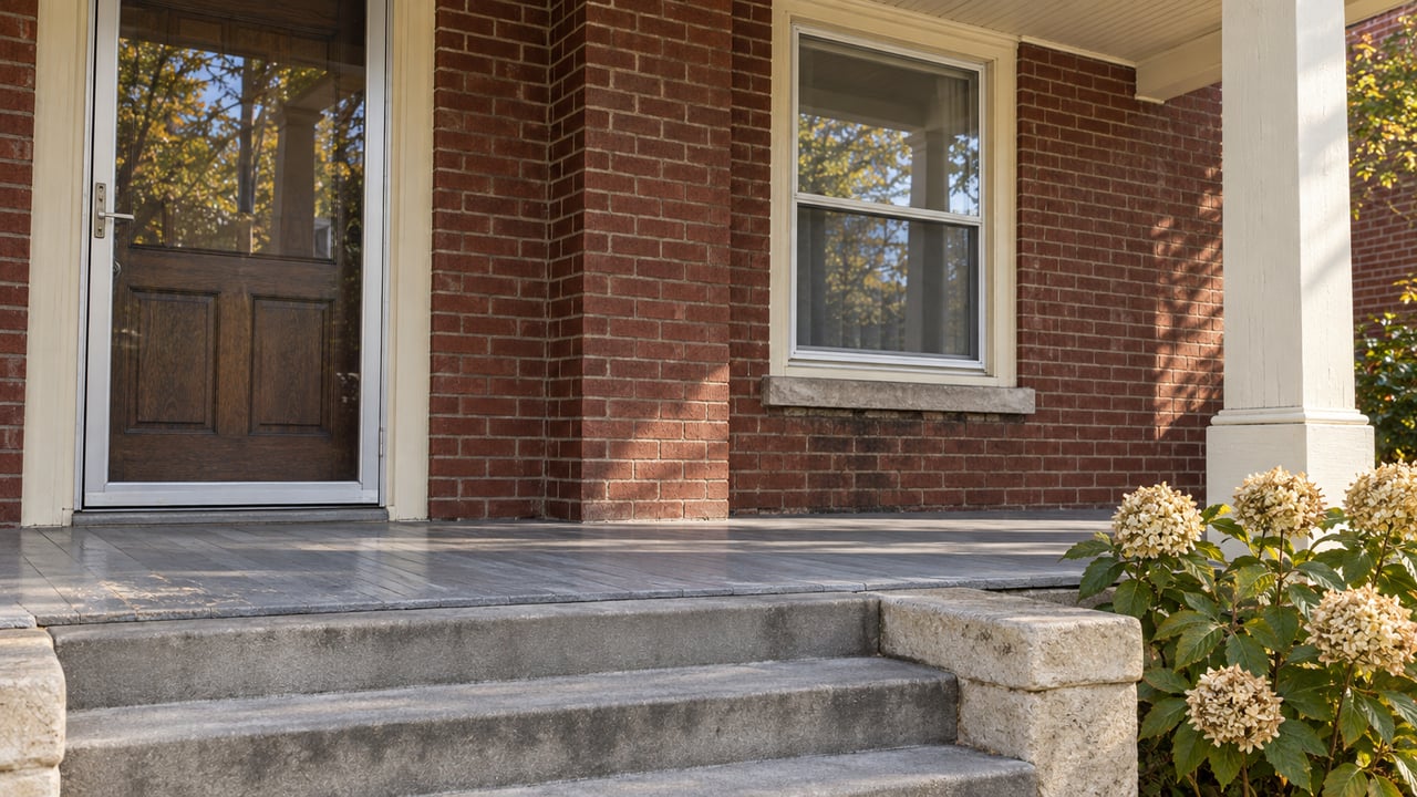 A weathered brick home's covered porch with limestone sidewalls, concrete steps, an oak entrance behind glass, and an ivory-framed window.