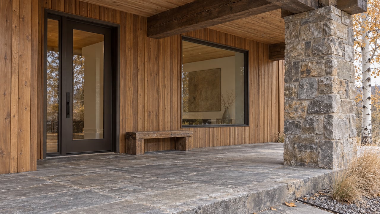 Covered home entry with weathered cedar, heavy timber beams, stone column and sandstone paving beside a late-autumn aspen.