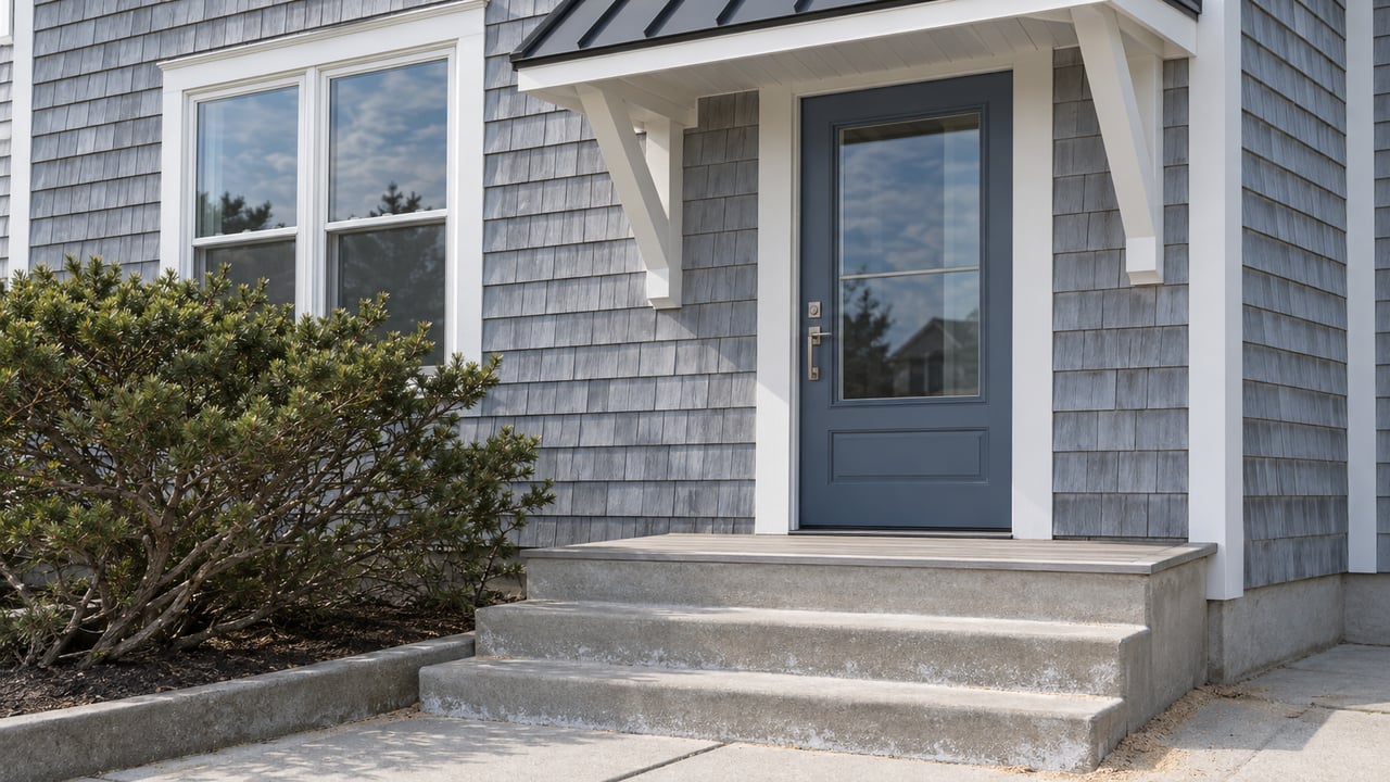 Raised entry with a slate-blue glazed door, charcoal canopy, concrete steps, and a wind-shaped shrub.