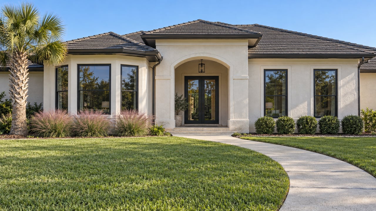 White stucco home with a dark hipped roof, arched glazed entry, curved front walk and broad lawn in clear morning light.