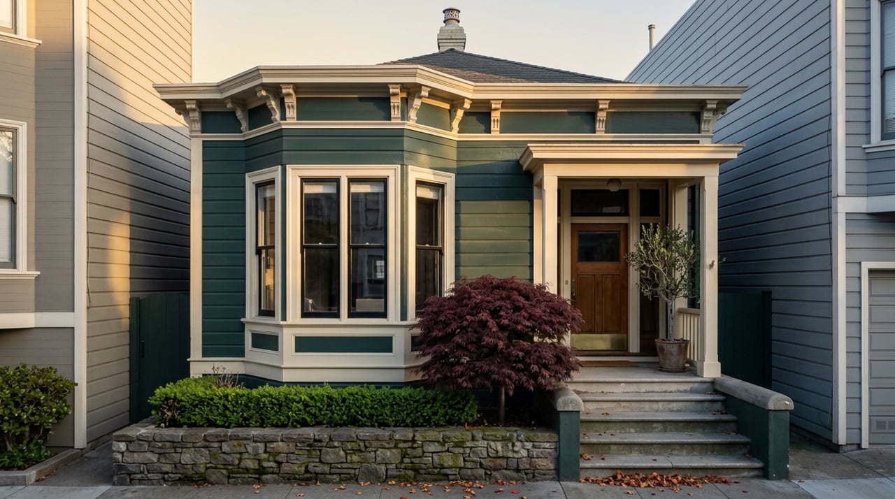 Green-and-cream row house with a red-purple Japanese maple beside its stone stoop.