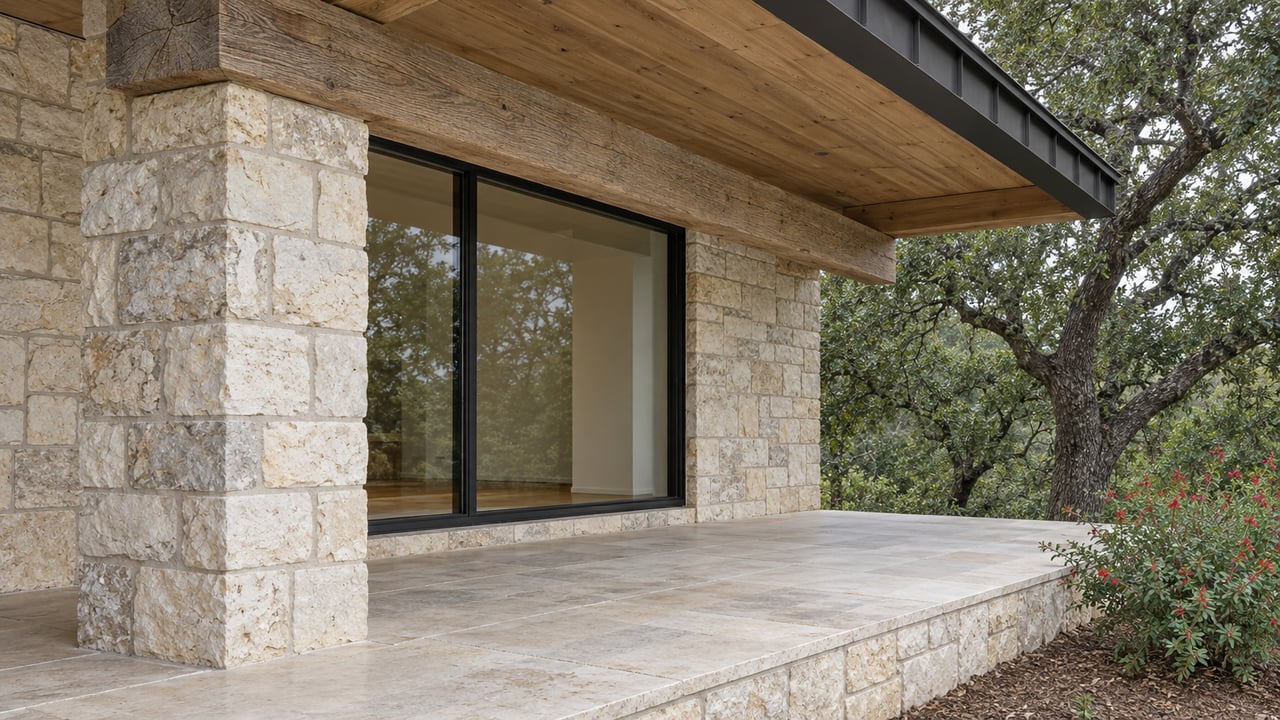 Close view of a limestone porch with an oak beam, black-framed window and mature live oak beyond its raised stone edge.