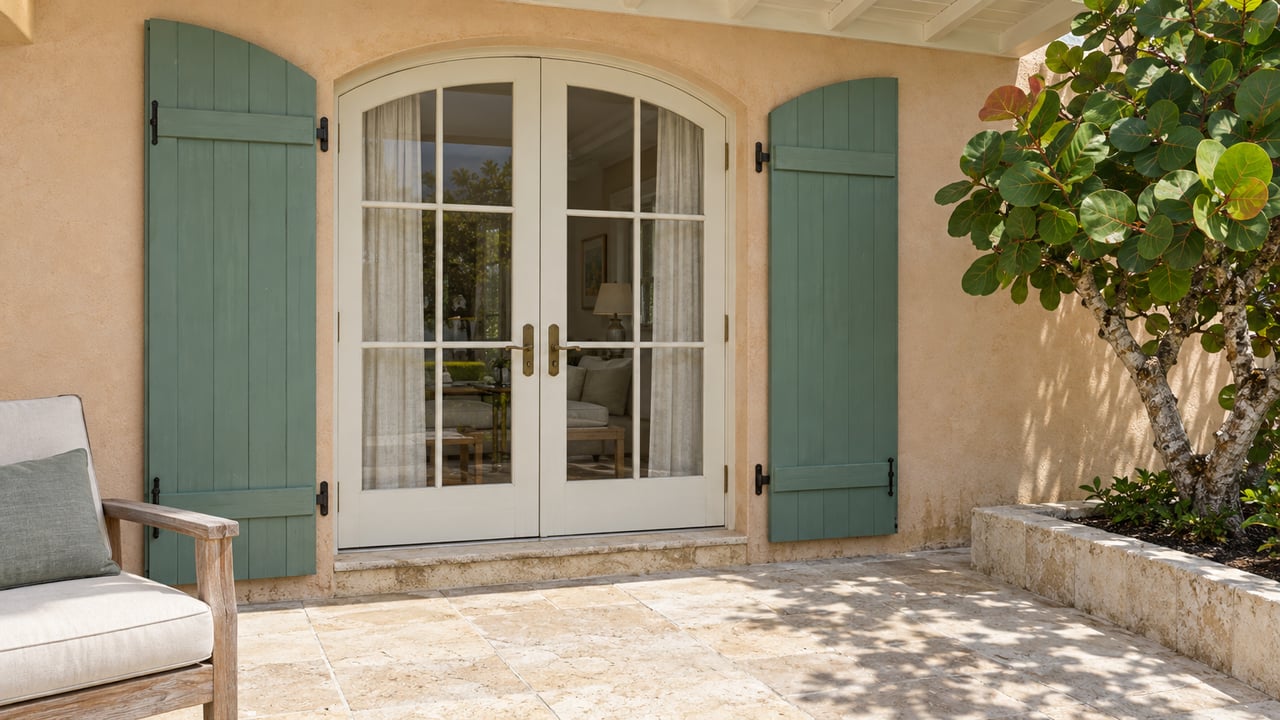 Sunlit residential veranda with pale apricot stucco, arched glass doors, sea-green shutters, limestone paving and a sea-grape tree.