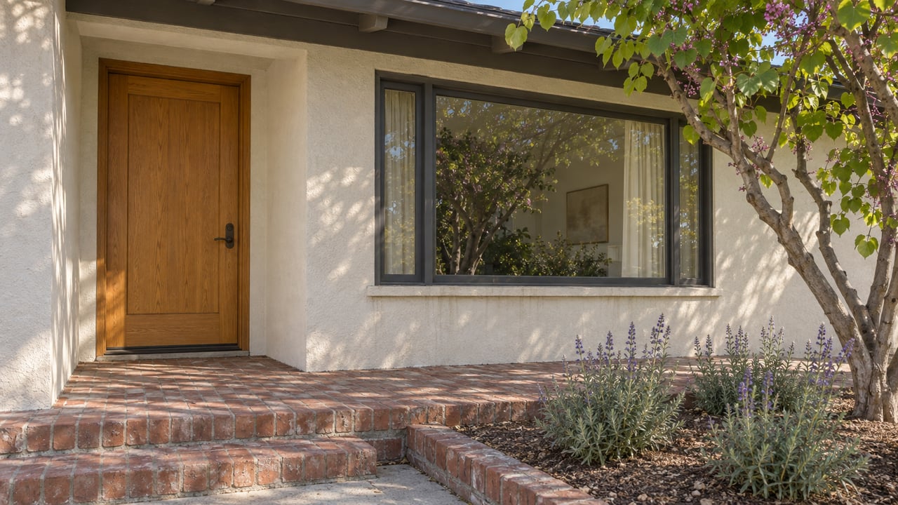 Sunlit ivory-stucco home entrance with an oak door, broad eaves, brick steps and a small planted garden beside a picture window.