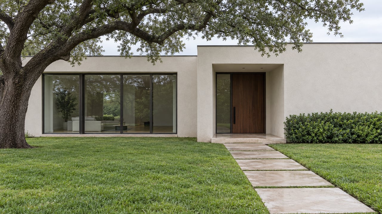 Modern stucco home with a recessed walnut door, limestone path, broad lawn, and spreading live oak.