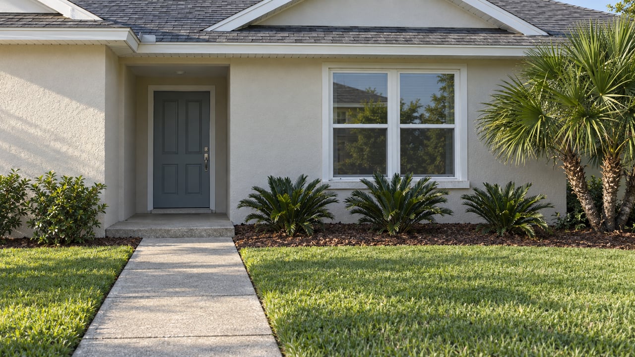 Cream stucco home entrance with gray shingle gables, a blue-gray door, concrete approach, and carefully spaced native planting.