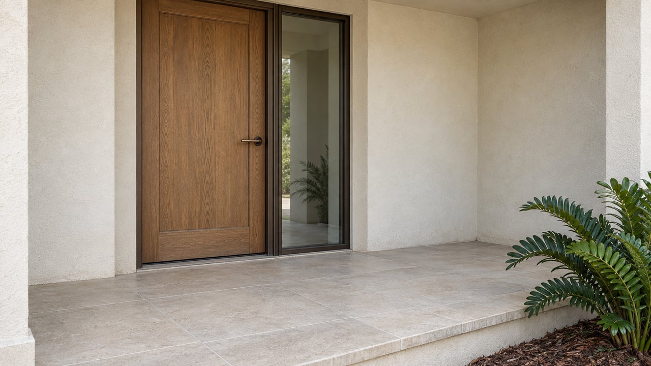Oak front door and bronze-framed sidelight beneath a pale stucco porch, with ceramic paving and a coontie beside the raised edge.