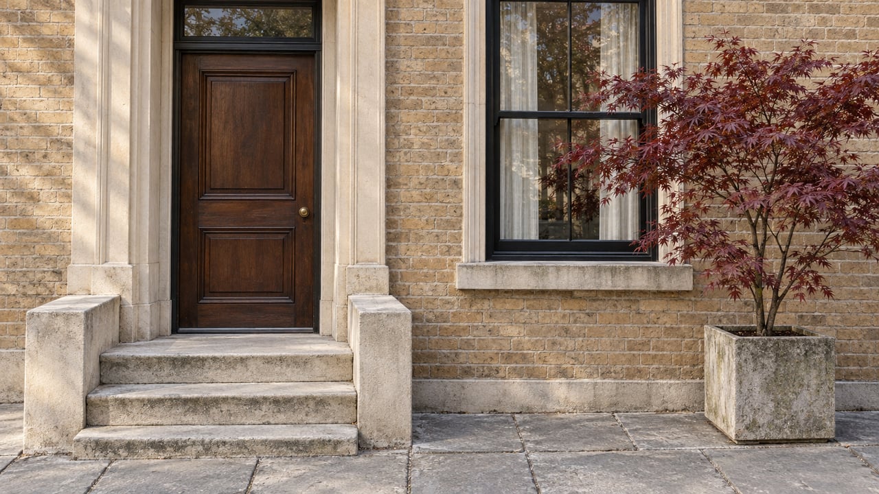 Buff-brick townhouse entrance with a walnut door, worn limestone steps, and a burgundy-leaved Japanese maple in a stone planter.